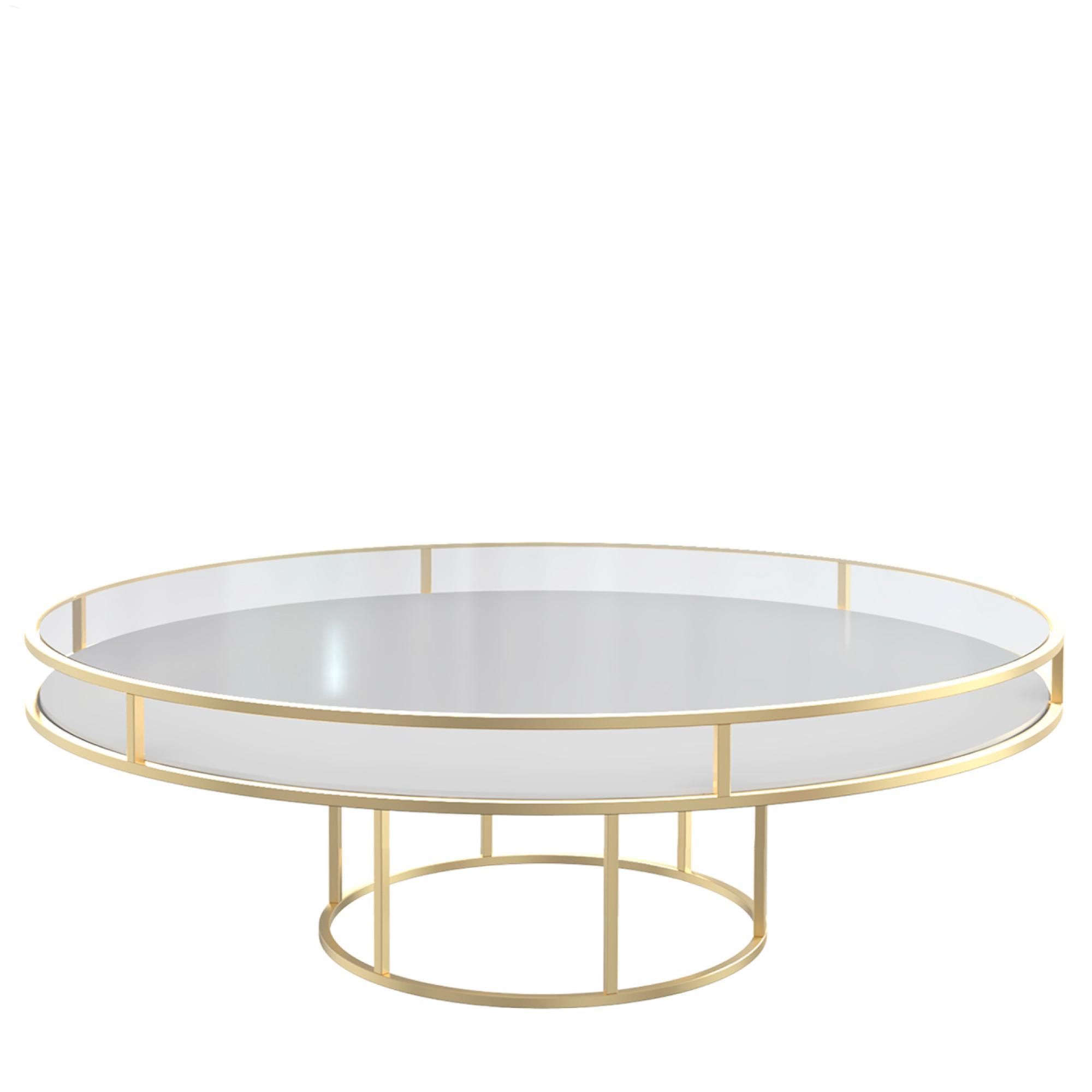 Gold round CORNELL KIDS table with white plastic shelve and clear glass top