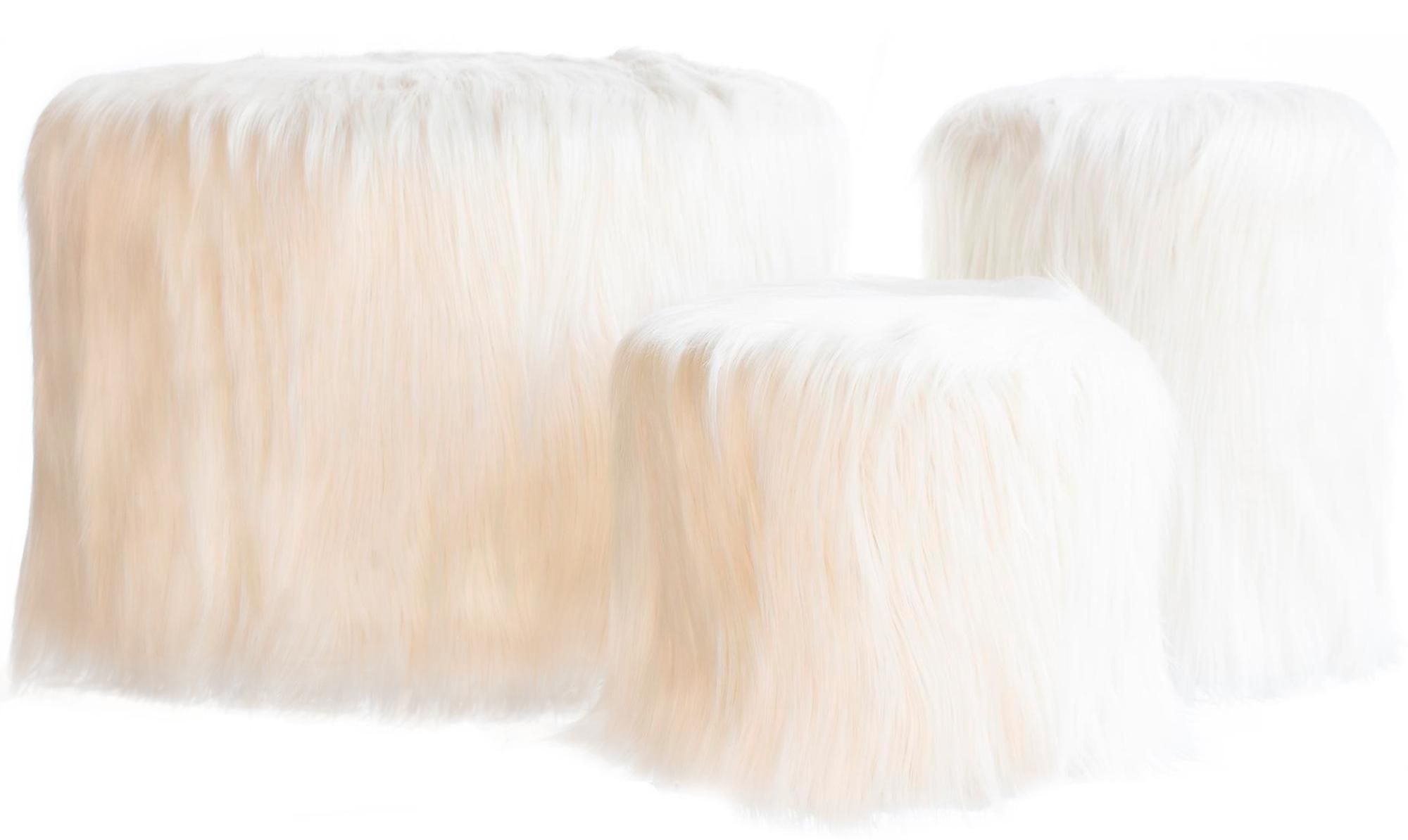 Round NORMAN FUR pouf – set of 3, white fur #823