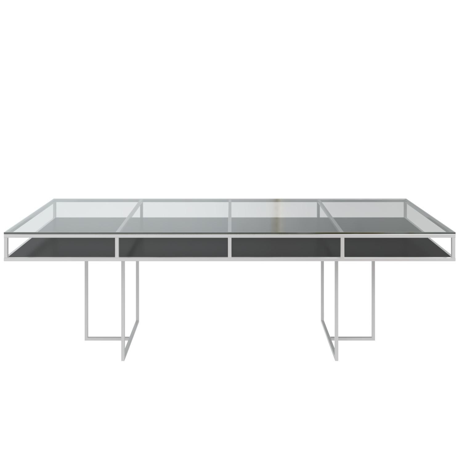 White rectangular CORNELL table with black plastic shelve and clear glass top