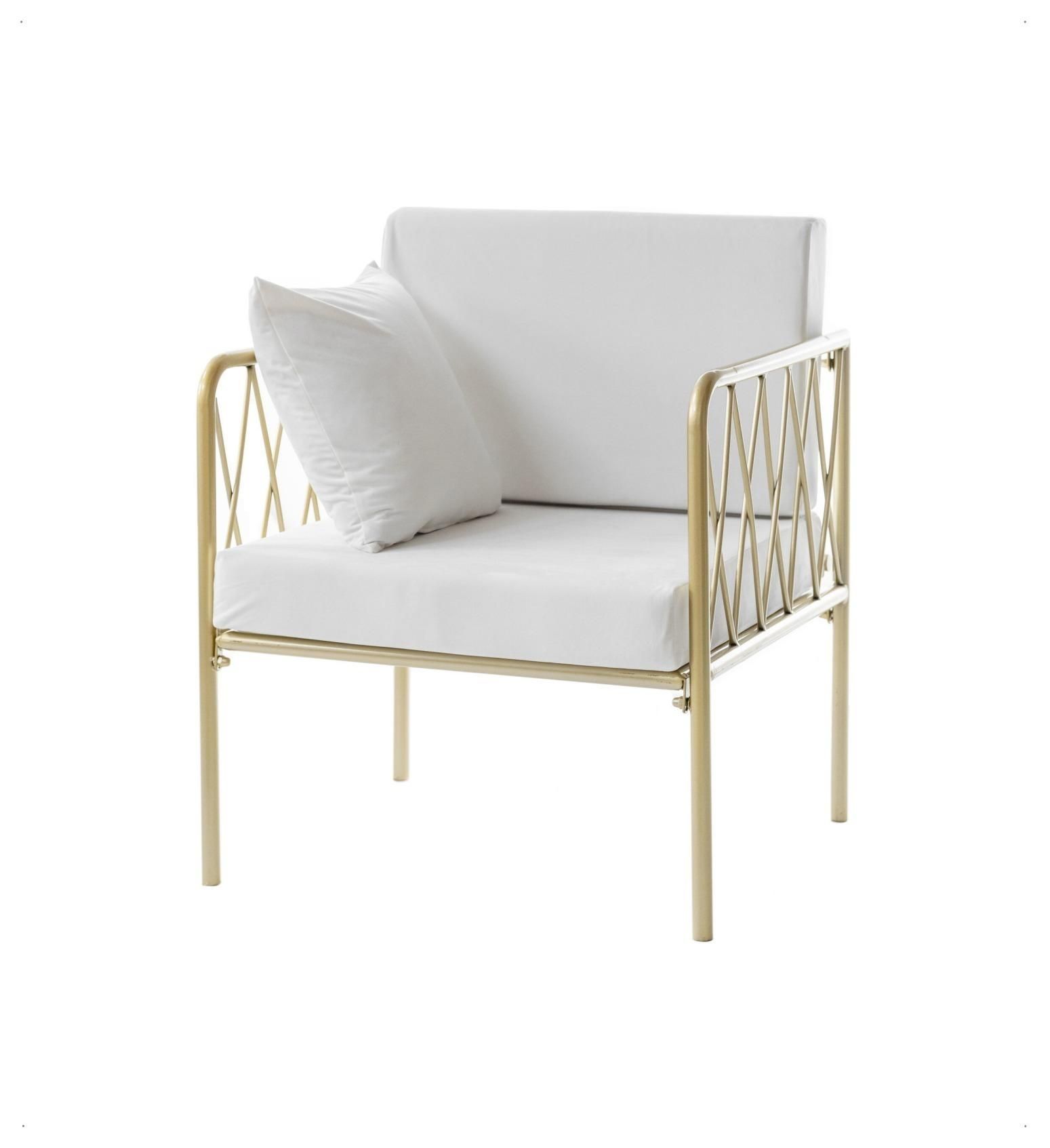 Single-seat lounge armchair with gold metal frame, open back and velvet cushion—accent lounge setup (rental, Dubai).