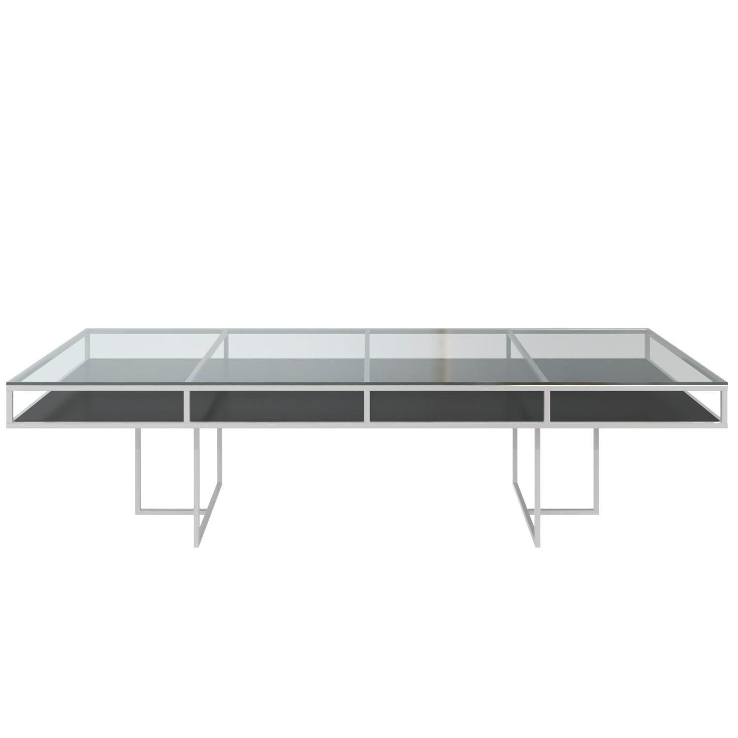 White rectangular CORNELL KIDS table with black plastic shelve and clear glass top