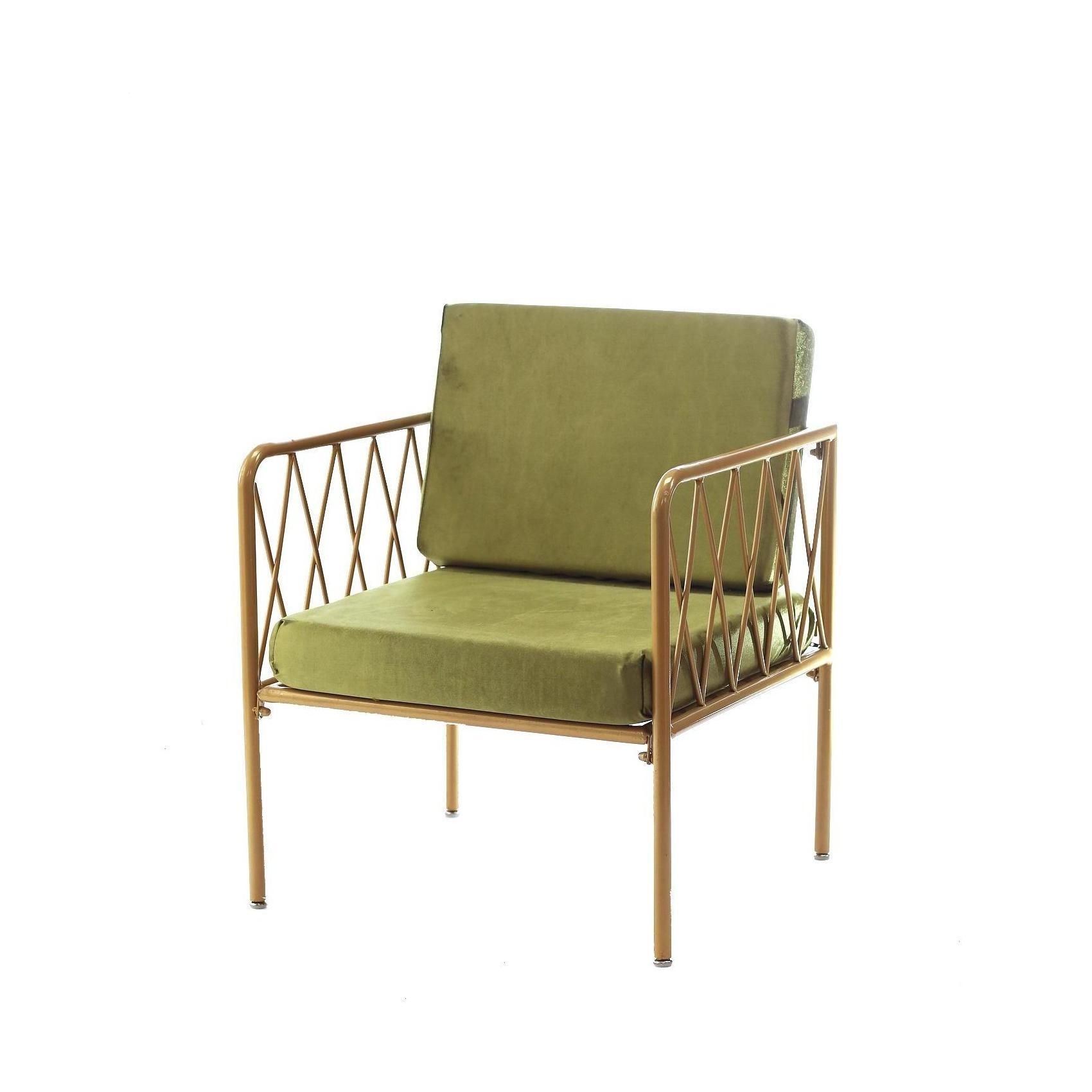 Single-seat lounge armchair with gold metal frame, open back and velvet cushion—accent lounge setup (rental, Dubai).