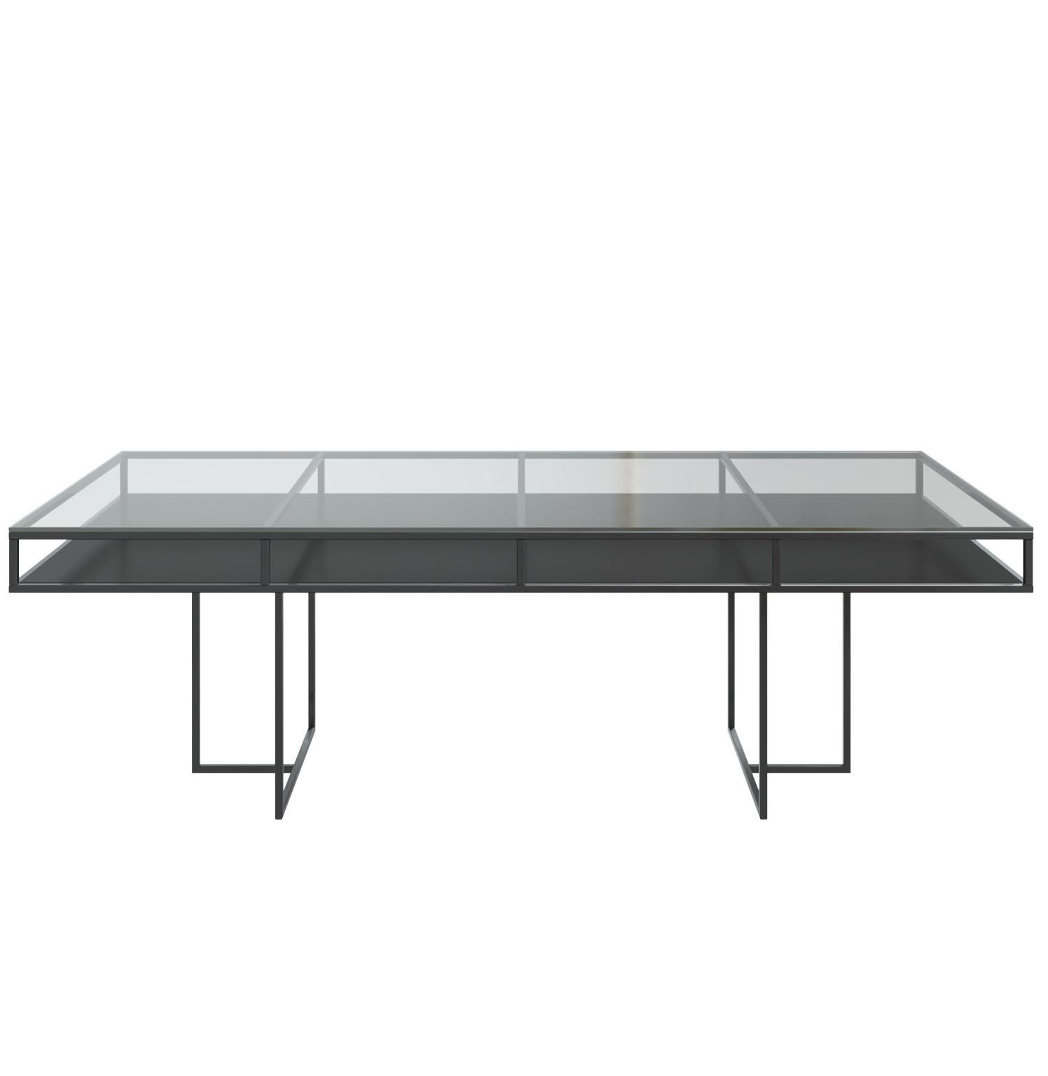 Black rectangular CORNELL table with black plastic shelve and clear glass top