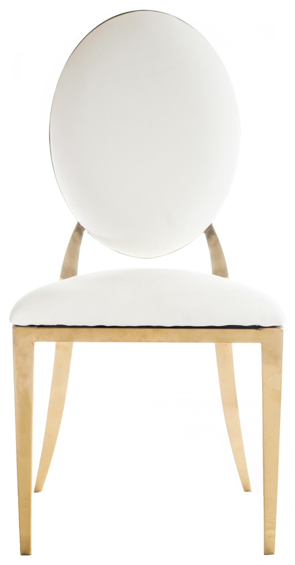 Gold Dupont chair with white velvet upholstery and an oval backrest, styled in a soft-toned elegant event setup.
