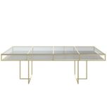 Gold rectangular CORNELL table with white plastic shelve and clear glass top
