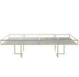Gold rectangular CORNELL KIDS table with white plastic shelve and clear glass top 